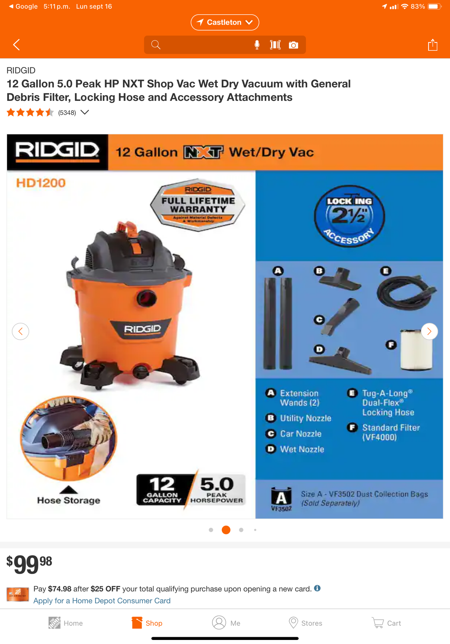 12 Gallon 5.0 Peak HP NXT Shop Vac Wet Dry Vacuum with General Debris Filter, Locking Hose and Accessory Attachments