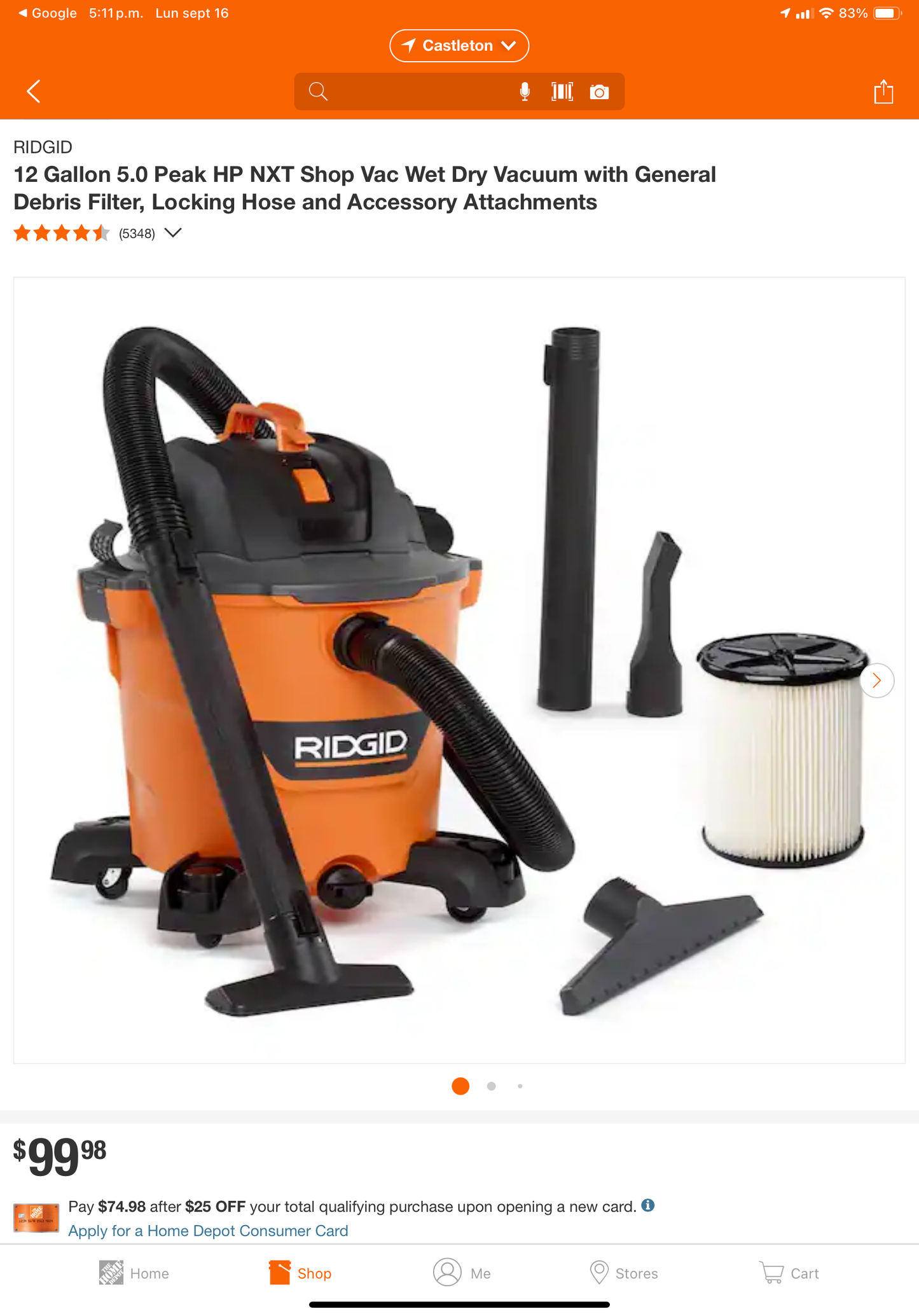 12 Gallon 5.0 Peak HP NXT Shop Vac Wet Dry Vacuum with General Debris Filter, Locking Hose and Accessory Attachments