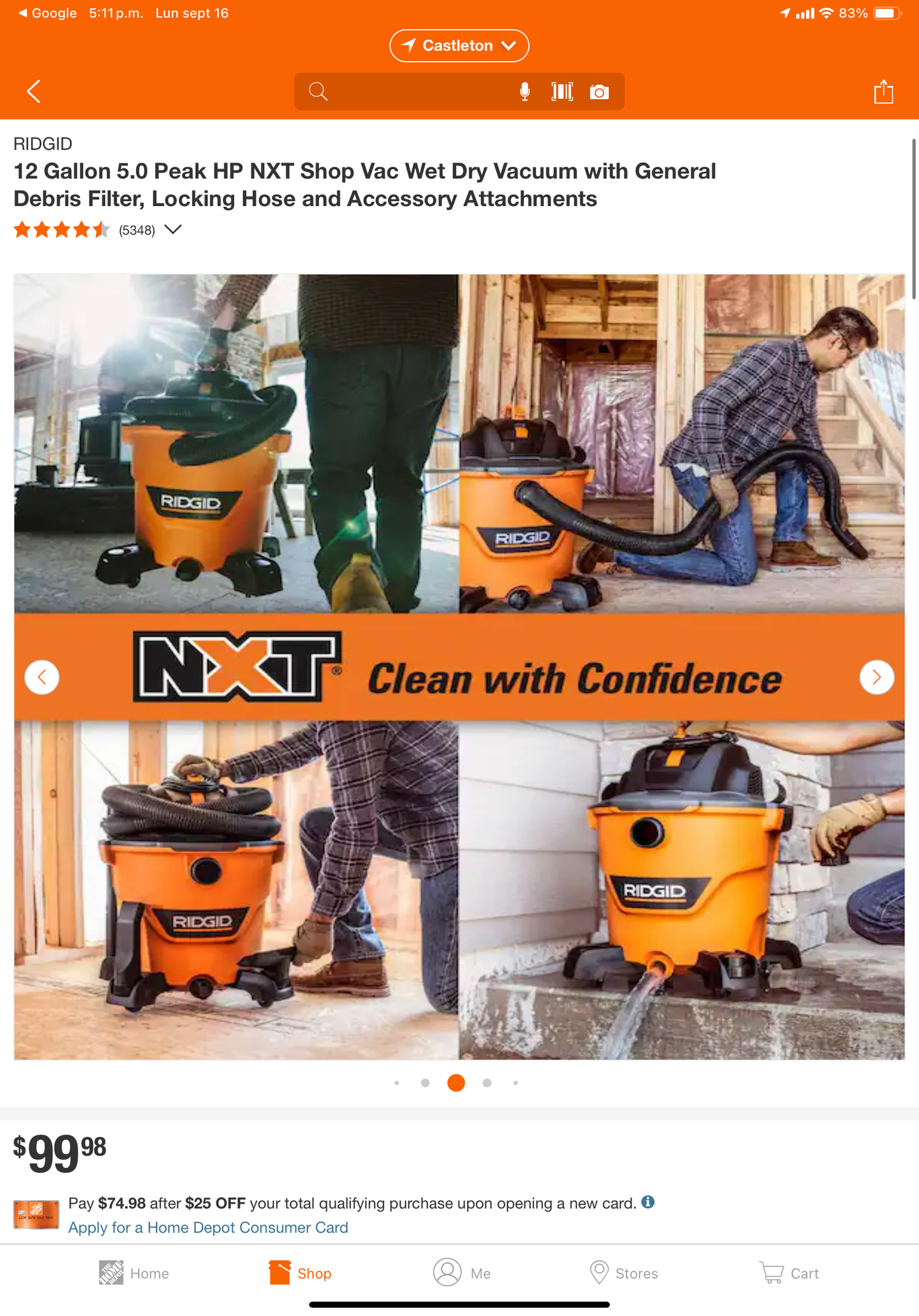12 Gallon 5.0 Peak HP NXT Shop Vac Wet Dry Vacuum with General Debris Filter, Locking Hose and Accessory Attachments