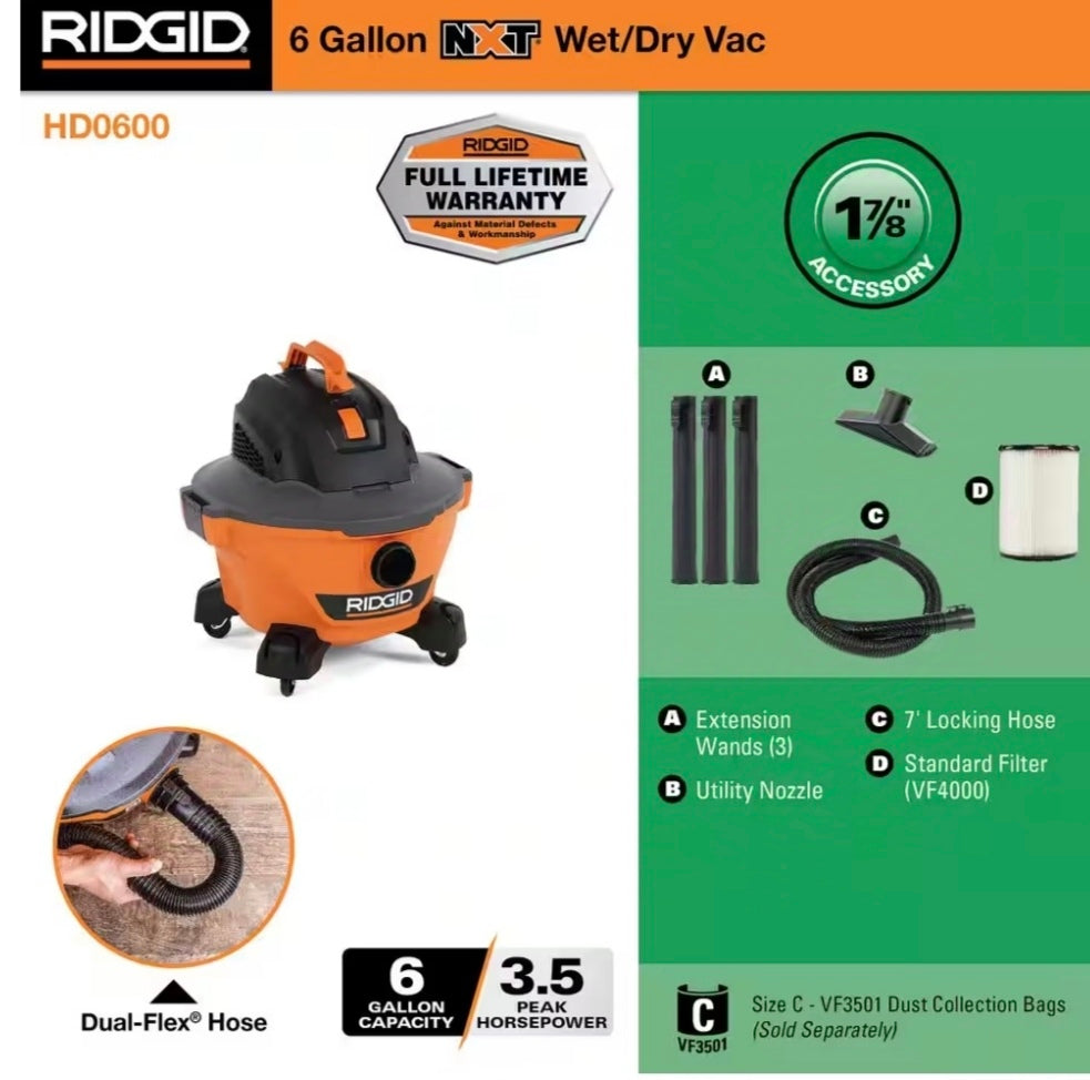 6 Gallon 3.5 Peak HP NXT Shop Vac Wet Dry Vacuum with General Debris Filter, Dust Bags, Locking Hose and Accessories