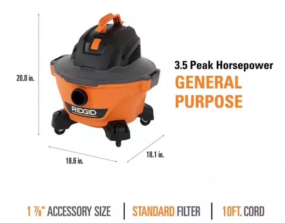 6 Gallon 3.5 Peak HP NXT Shop Vac Wet Dry Vacuum with General Debris Filter, Dust Bags, Locking Hose and Accessories