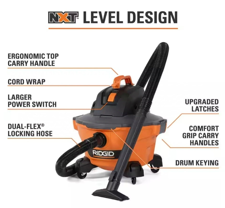 6 Gallon 3.5 Peak HP NXT Shop Vac Wet Dry Vacuum with General Debris Filter, Dust Bags, Locking Hose and Accessories