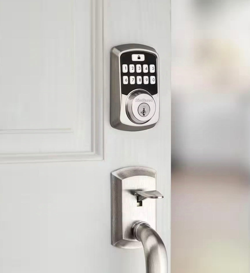 Aura Satin Nickel Single Cylinder Electronic Bluetooth Keypad Smart Lock Deadbolt featuring SmartKey Security