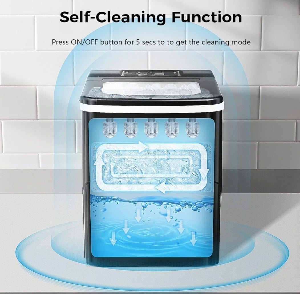 AGLUCKY Ice Makers Countertop with Self-Cleaning, 26lbs/24hrs, 9 Cubes Ready in 6 Mins, Portable Ice Machine with 2 Sizes Bullet Ice/Ice Scoop/Basket for Home/Kitchen/Office/Bar/Party, Black