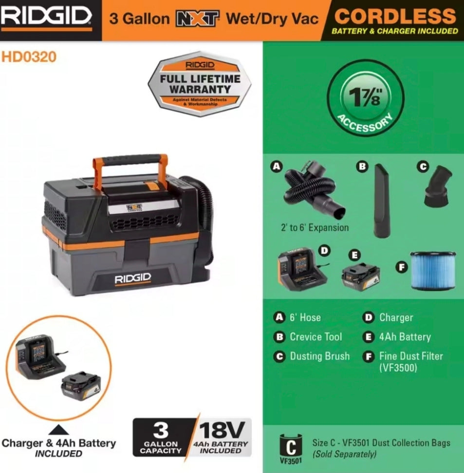 RIDGID
3 Gal. 18-Volt Cordless Handheld NXT Shop Vac Wet Dry Vacuum with Filter, Hose, Accessories, 4.0 Ah Battery and Charger