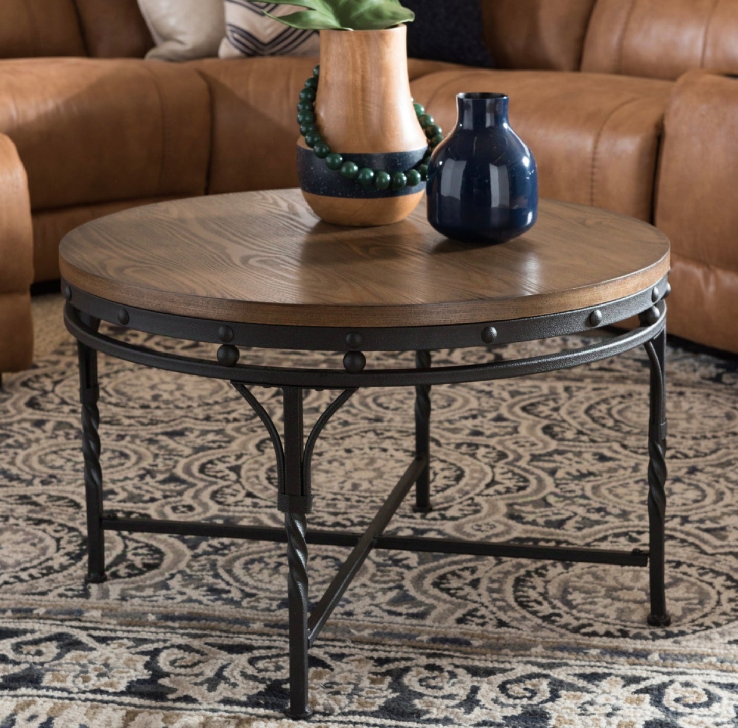 Austin Round Coffee Cocktail Table in Brown & Antique Bronze by Baxton Studio