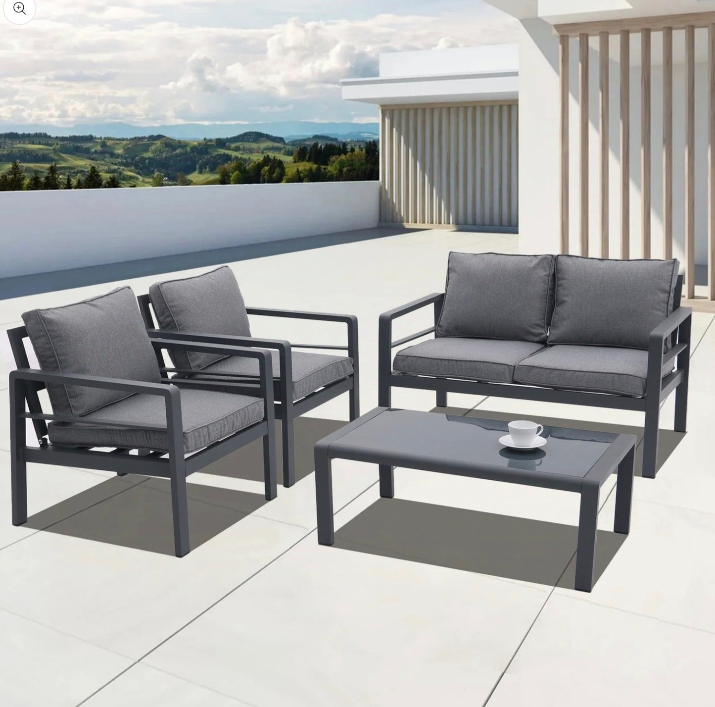 4-piece Aluminum Outdoor Patio Conversation Set,All-Weather Sectional Sofa Outside Furniture with Removable Cushions and Tempered Glass Coffee Table for Courtyard,Poolside,Deck,Balcony(Grey)