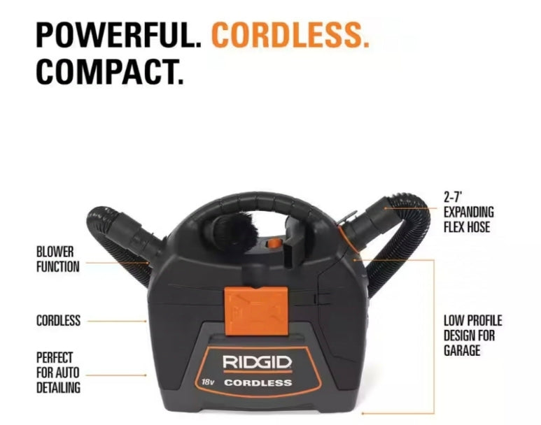 RIDGID
3 Gallon 18-Volt Cordless Handheld Shop Vac Wet Dry Vacuum (Tool Only) with Filter, Expandable Hose and Accessories