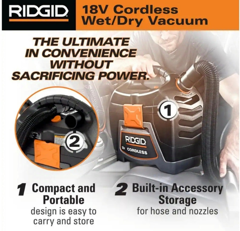 RIDGID
3 Gallon 18-Volt Cordless Handheld Shop Vac Wet Dry Vacuum (Tool Only) with Filter, Expandable Hose and Accessories
