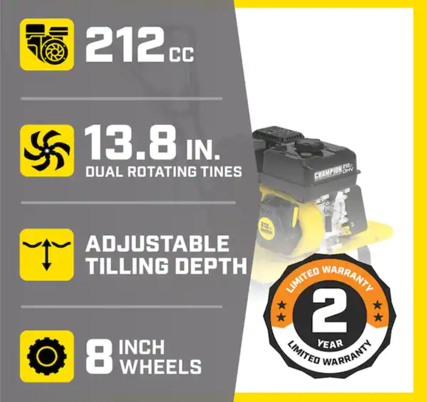 Champion Power Equipment
22 in. 212cc 4-Stroke Gas Garden Front Tine Tiller with Forward and Reverse