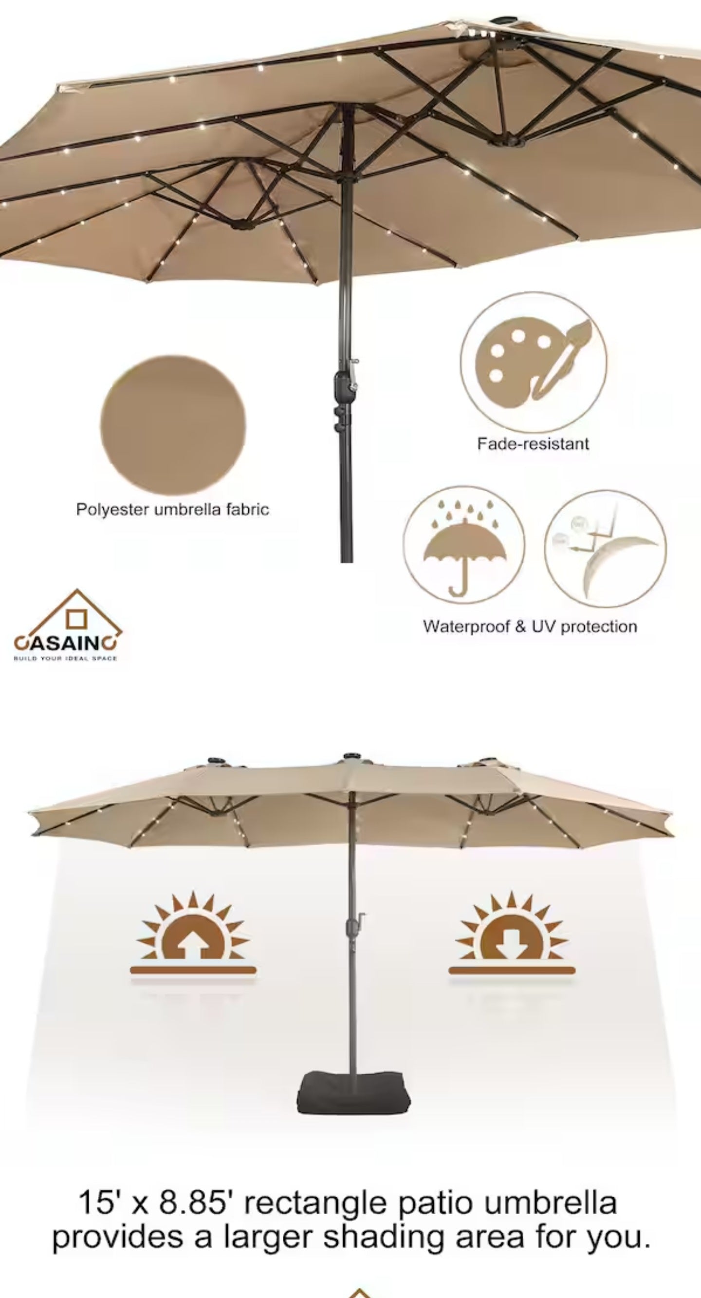 CASAINC
15 ft. Steel Patio Double-Side Market Umbrella and Solar Light