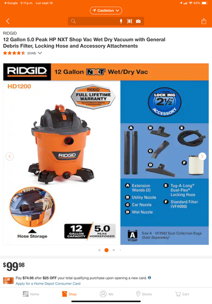 12 Gallon 5.0 Peak HP NXT Shop Vac Wet Dry Vacuum with General Debris Filter, Locking Hose and Accessory Attachments