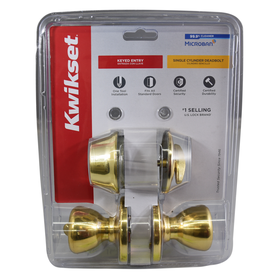 Kwikset 690T3CP6ALRCSK6 Knob Lockset, 3 Grade, Keyed Key, Polished Brass, 2-3/8 x 2-3/4 in Backset, K6 Keyway Box Damage