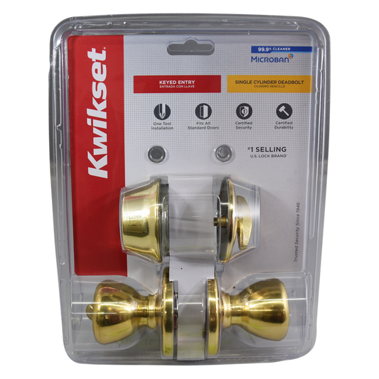 Kwikset 690T3CP6ALRCSK6 Knob Lockset, 3 Grade, Keyed Key, Polished Brass, 2-3/8 x 2-3/4 in Backset, K6 Keyway Box Damage