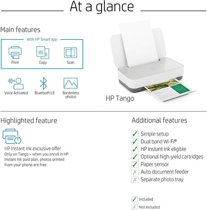 HP Tango Smart Wireless Printer – Mobile Remote Print, Scan, Copy, HP Instant Ink, Works with Alexa(2RY54A),White