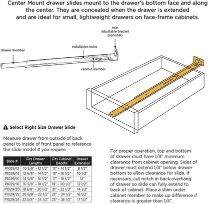 Hickory Hardware Bottom Centered Drawer Mount, Not Compatible with Side Mount Drawers, Heavy Duty Center Drawer Slide for Cabinet & Dresser Drawers, Easy Open & Soft Close Glide Track, 14 Inch