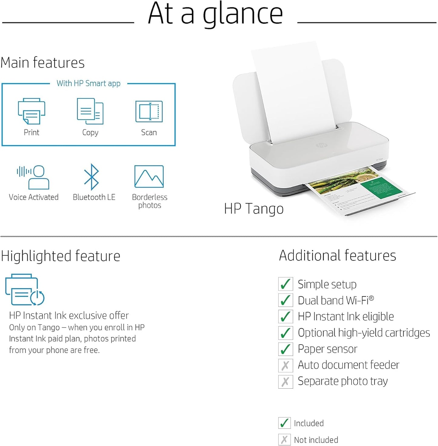 HP Tango Smart Wireless Printer – Mobile Remote Print, Scan, Copy, HP Instant Ink, Works with Alexa(2RY54A),White