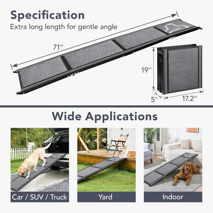 Dog Ramp for Car 71'' X-Long & 17.2" Wide Folding Pet Ramp Dog Ramps for Large Dogs with Non-Slip Rug Surface Portable Dog Car Ramp for SUV Car & Truck, Outdoor Dog Ramp Up to 250 LBS