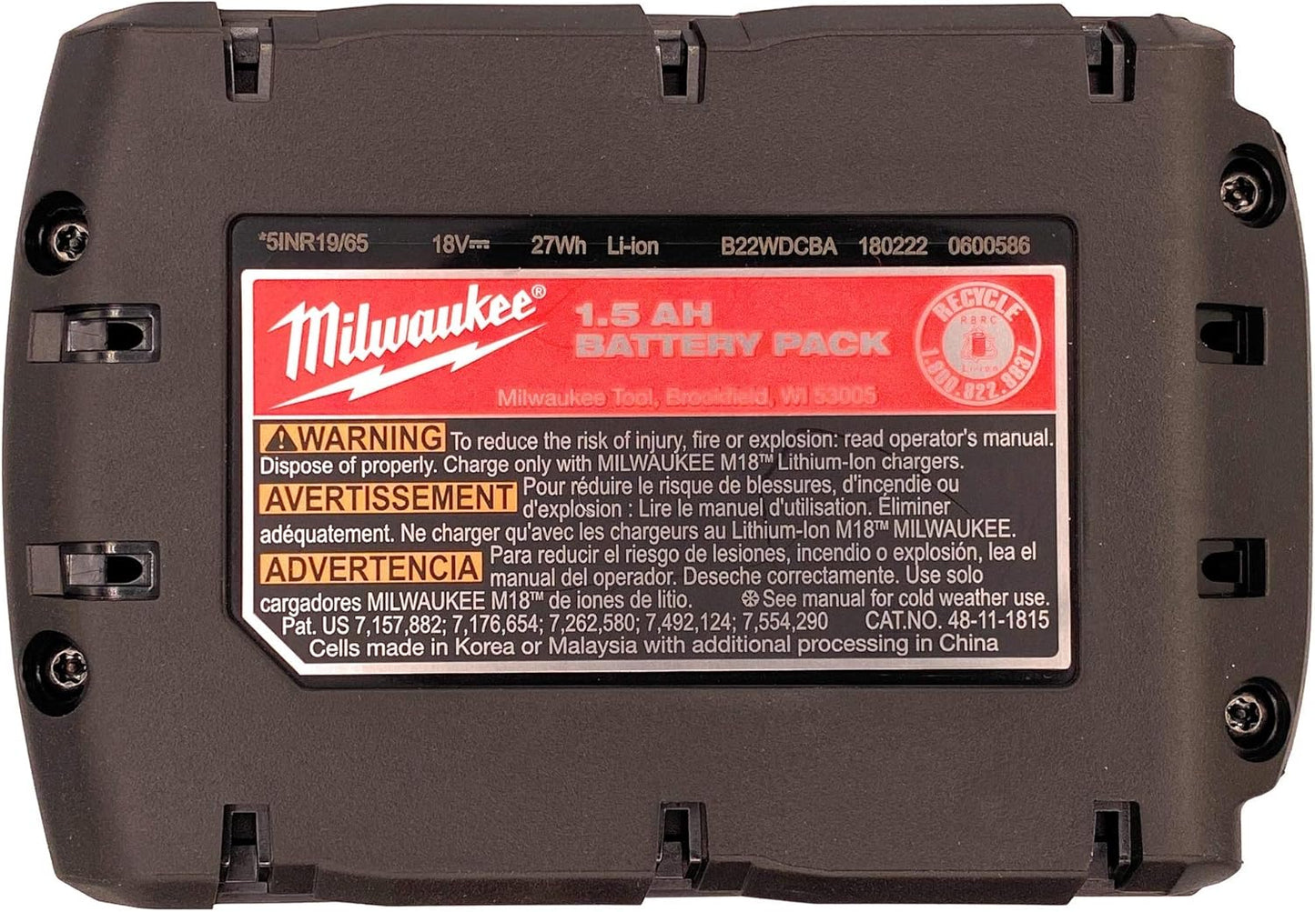 Milwaukee M18 1.5 Ah 18V Red Lithium Ion Battery 48.11.1815 for Impact Drill