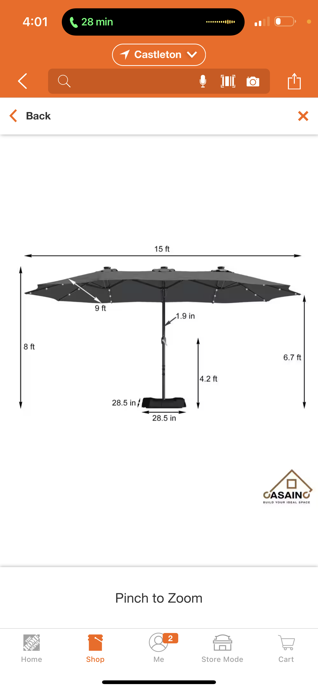 15 ft. Steel Patio Double-Side Market Umbrella with Base and Solar Light with Base in Dark Gray