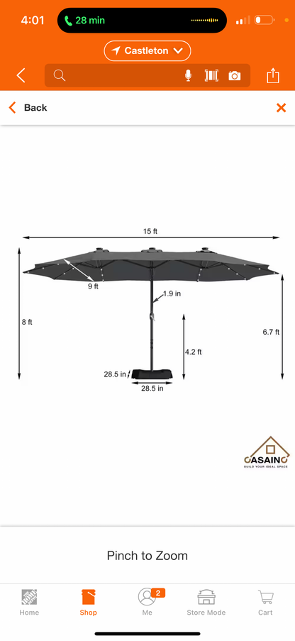 15 ft. Steel Patio Double-Side Market Umbrella with Base and Solar Light with Base in Dark Gray