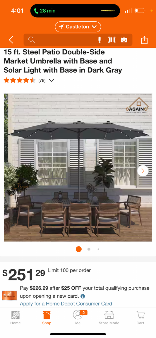 15 ft. Steel Patio Double-Side Market Umbrella with Base and Solar Light with Base in Dark Gray