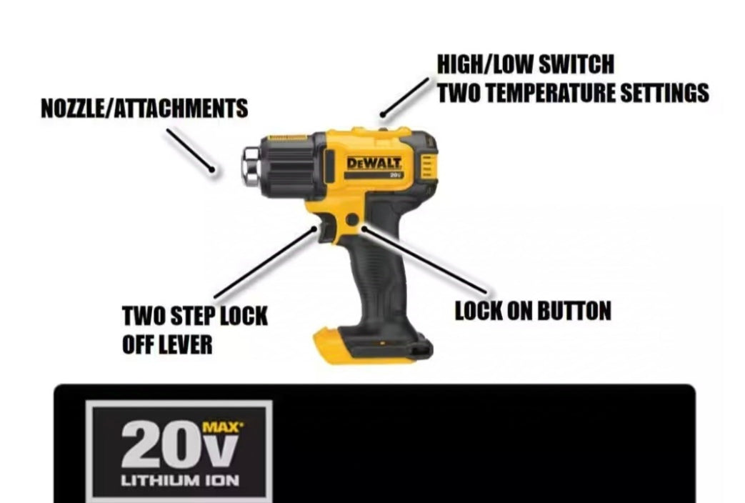 DEWALT 20V MAX Cordless Compact Heat Gun with Flat and Hook Nozzle Attachments