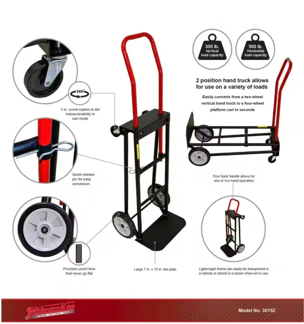 Milwaukee 300/500 lb. Capacity Convertible Hand Truck