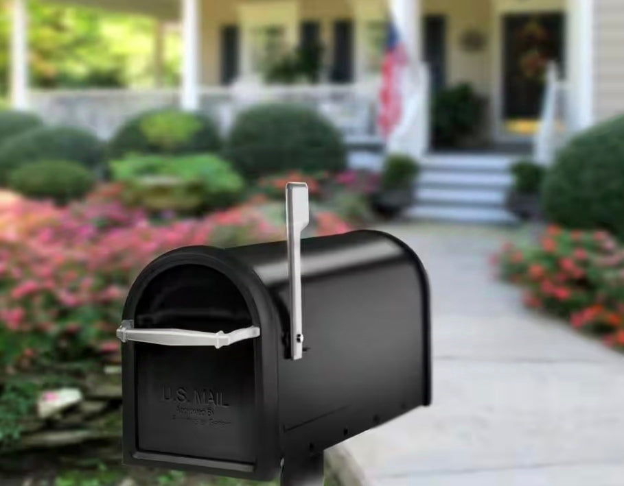 Chadwick Black, Medium, Steel, Post Mount Mailbox with Nickel Handle and Flag