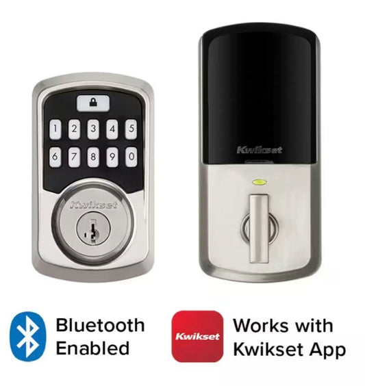 Aura Satin Nickel Single Cylinder Electronic Bluetooth Keypad Smart Lock Deadbolt featuring SmartKey Security