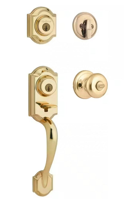 Montara Polished Brass Single Cylinder Door Handleset with Juno Entry Door Knob Featuring SmartKey Security