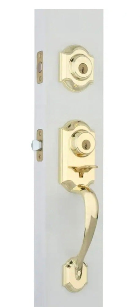 Montara Polished Brass Single Cylinder Door Handleset with Juno Entry Door Knob Featuring SmartKey Security