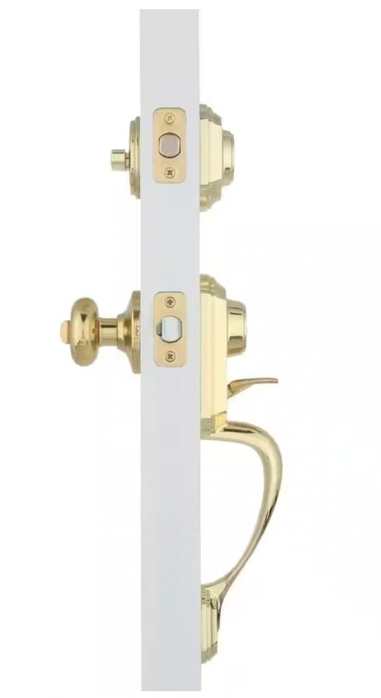 Montara Polished Brass Single Cylinder Door Handleset with Juno Entry Door Knob Featuring SmartKey Security