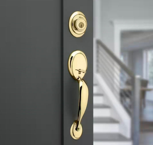 Dakota Polished Brass Single Cylinder Door Handleset with Tylo Door Knob Featuring SmartKey Security