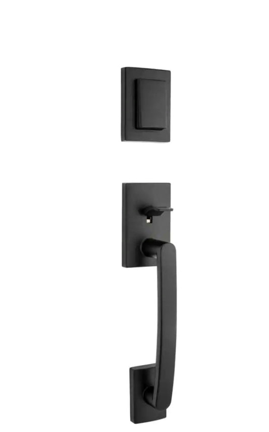 Prestige Spyglass Matte Black Single Cylinder Door Handleset with Square Spyglass Door Handle Feat SmartKey Security