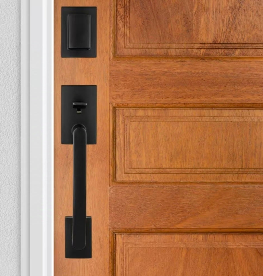 Prestige Spyglass Matte Black Single Cylinder Door Handleset with Square Spyglass Door Handle Feat SmartKey Security