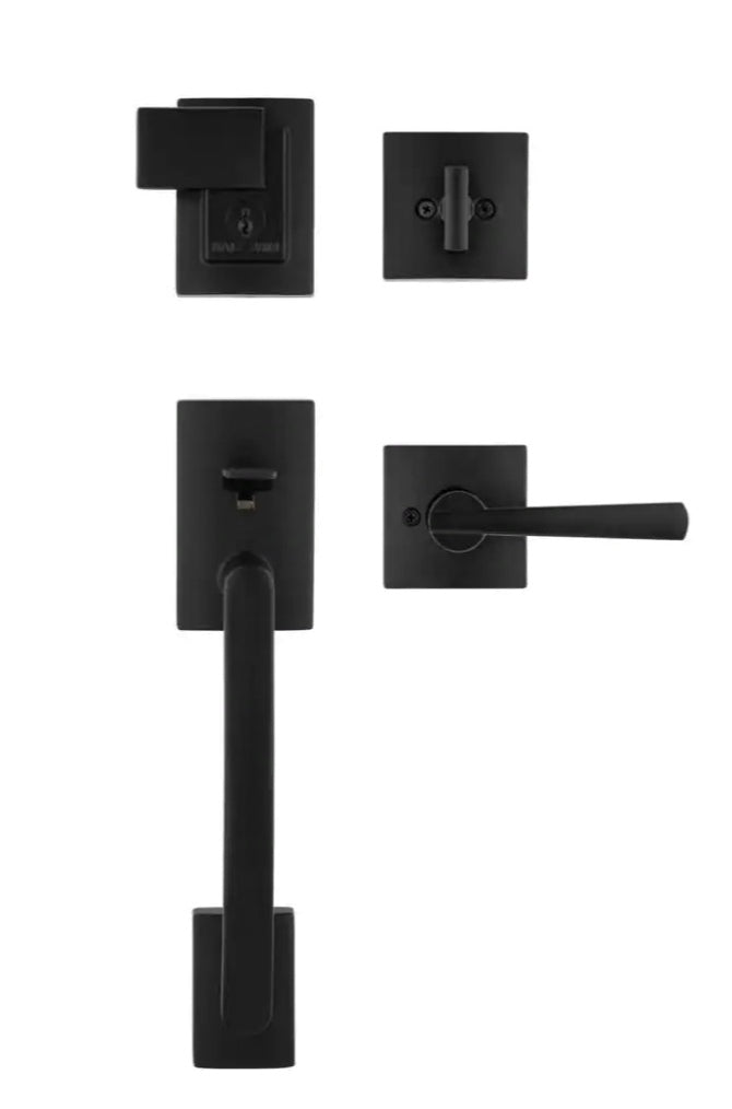 Prestige Spyglass Matte Black Single Cylinder Door Handleset with Square Spyglass Door Handle Feat SmartKey Security