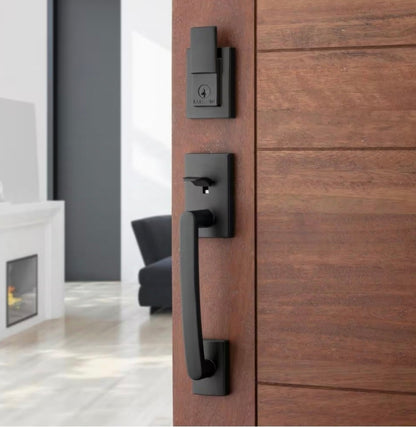 Prestige Spyglass Matte Black Single Cylinder Door Handleset with Square Spyglass Door Handle Feat SmartKey Security