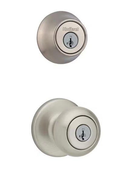 Cove Satin Nickel Keyed Entry Door Knob and Single Cylinder Deadbolt Combo Pack featuring SmartKey and Microban