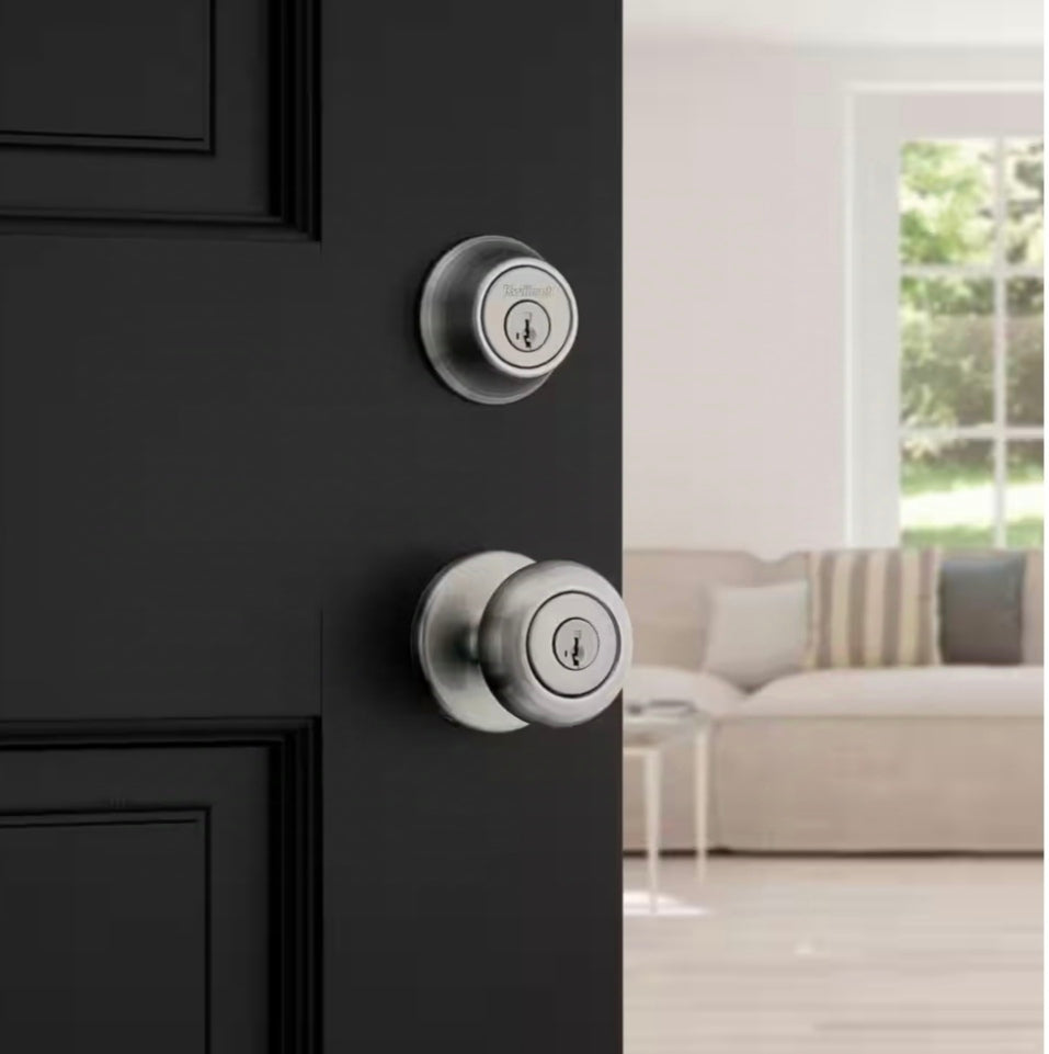 Cove Satin Nickel Keyed Entry Door Knob and Single Cylinder Deadbolt Combo Pack featuring SmartKey and Microban