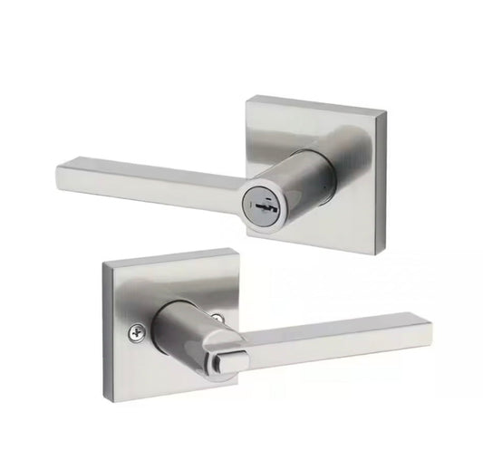 Halifax Square Satin Nickel Keyed Entry Door Handle Lever Featuring SmartKey Security