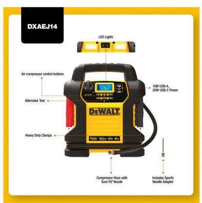 DEWALT DXAEJ14 Digital Portable Power Station Jump Starter 1400 Peak Amp Battery Booster, 120 PSI Digital Air Compressor, 3.1A USB Ports, Battery Clamps