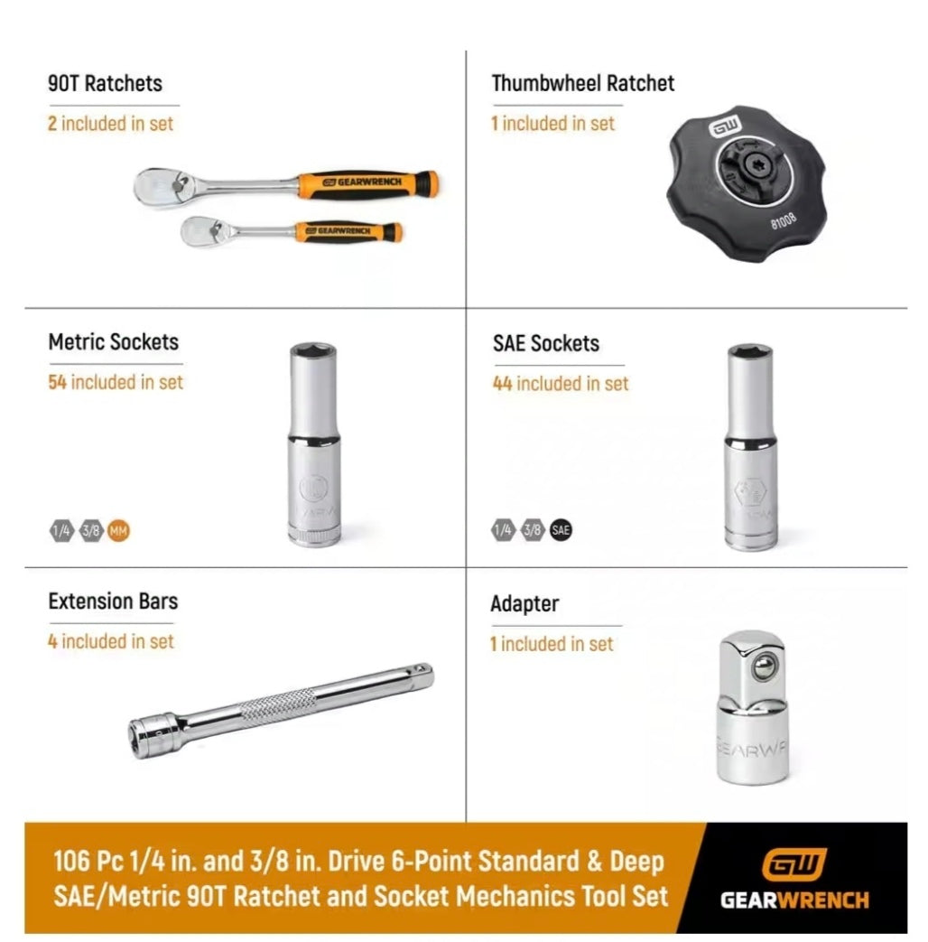 GEARWRENCH
1/4 in. and 3/8 in. Drive 6-Point Standard & Deep SAE/Metric 90-Tooth Ratchet and Socket Mechanics Tool Set (106-Piece)
