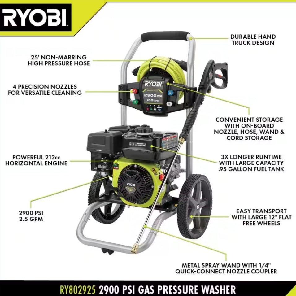 RYOBI
2900 PSI 2.5 GPM Cold Water Gas Pressure Washer with 212cc Engine Used Like New Not Box