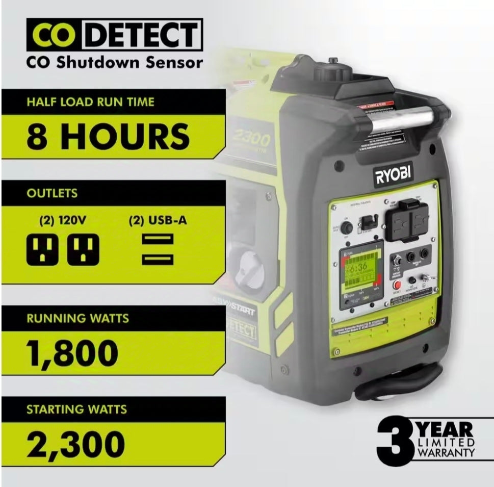 RYOBI
2,300-Watt Recoil Start Bluetooth Super Quiet Gasoline Powered Digital Inverter Generator with CO Shutdown Sensor