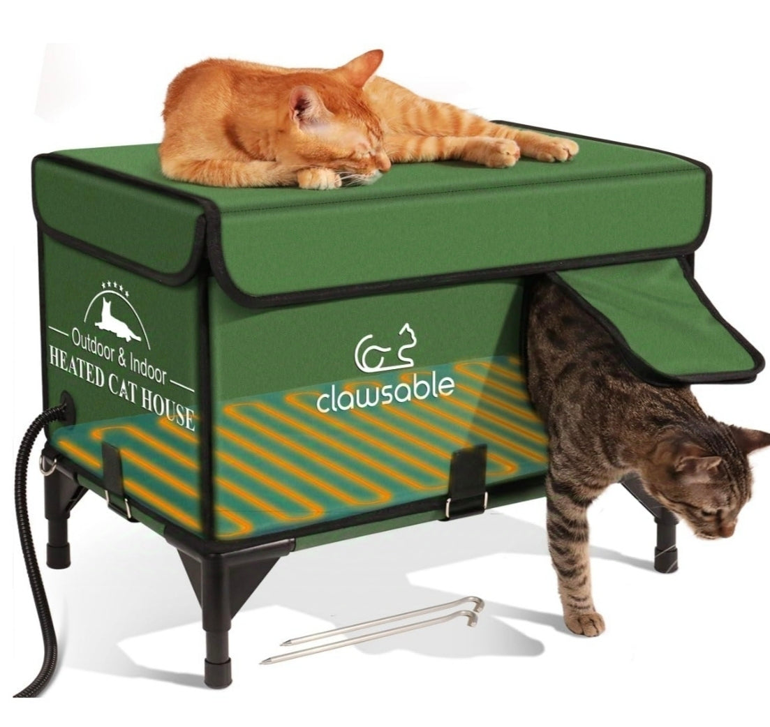 Clawsable Indestructible Heated Cat House for Outdoor Cats in Winter, Extremely Waterproof, Fully Insulated Outside Feral Cat House Shelter for Stray Barn Cat (Bush Green, M-13"x21"x17")