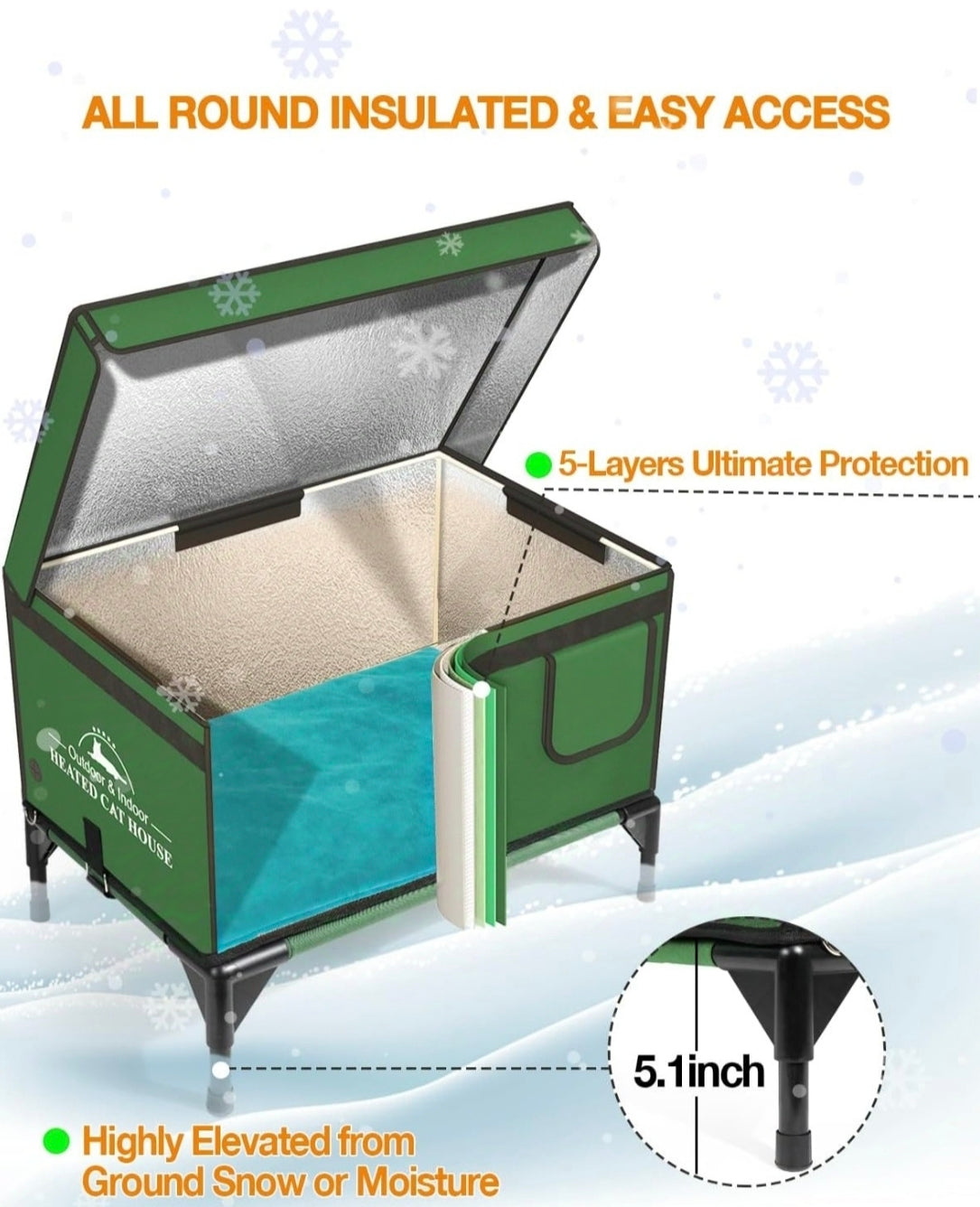 Clawsable Indestructible Heated Cat House for Outdoor Cats in Winter, Extremely Waterproof, Fully Insulated Outside Feral Cat House Shelter for Stray Barn Cat (Bush Green, M-13"x21"x17")