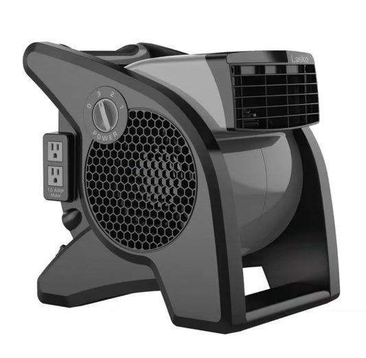 Lasko
11.2 in. 3 Speeds Blower Fan in Gray with Carry Handle, Circuit Breaker, Power Outlets, High Velocity Utility Pivoting