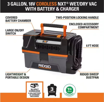 RIDGID
3 Gal. 18-Volt Cordless Handheld NXT Shop Vac Wet Dry Vacuum with Filter, Hose, Accessories, 4.0 Ah Battery and Charger