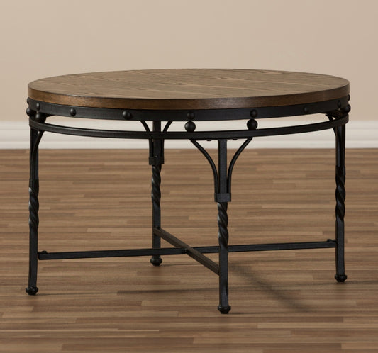 Austin Round Coffee Cocktail Table in Brown & Antique Bronze by Baxton Studio